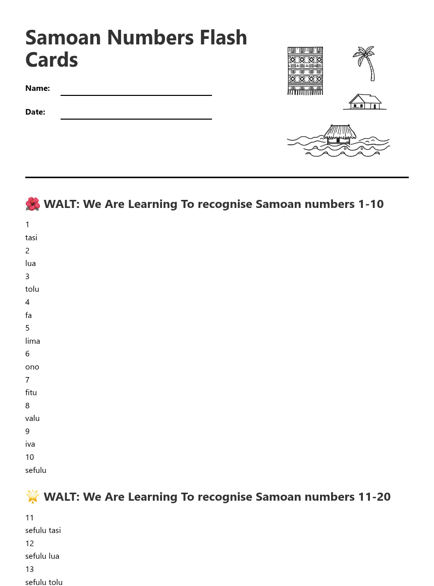 Samoan Numbers Flash Cards worksheet preview