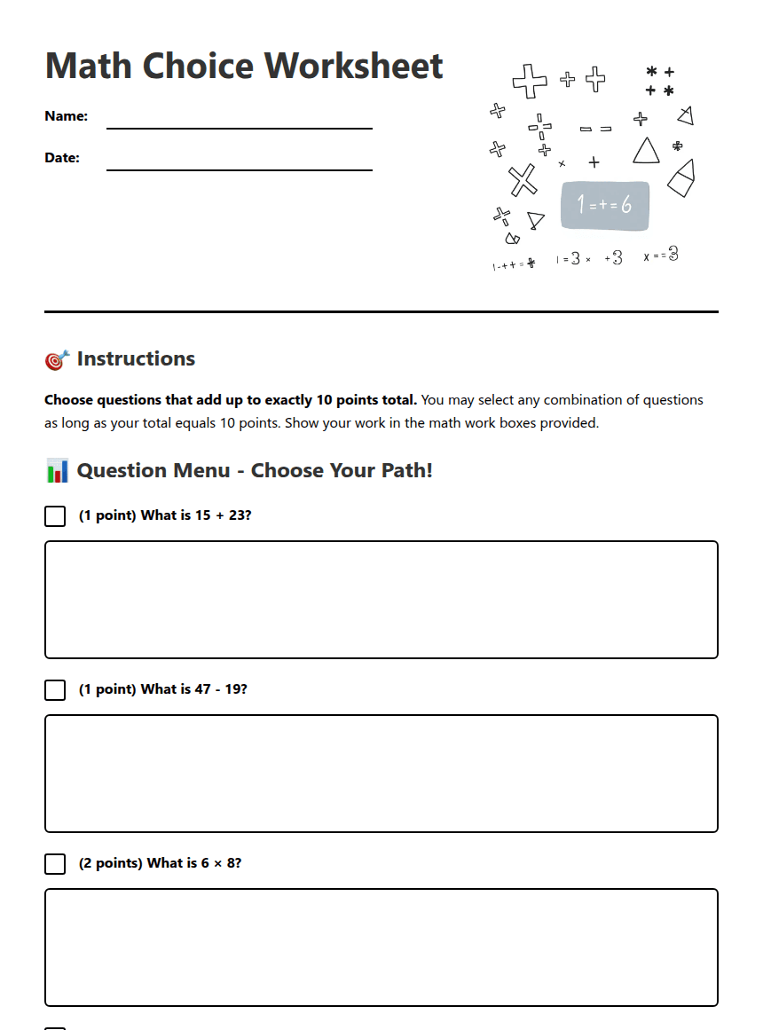 Math Choice Worksheet worksheet preview
