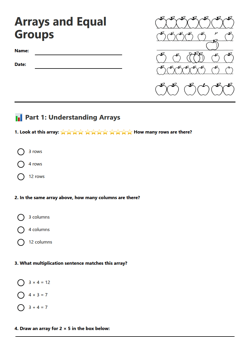 Arrays and Equal Groups worksheet preview