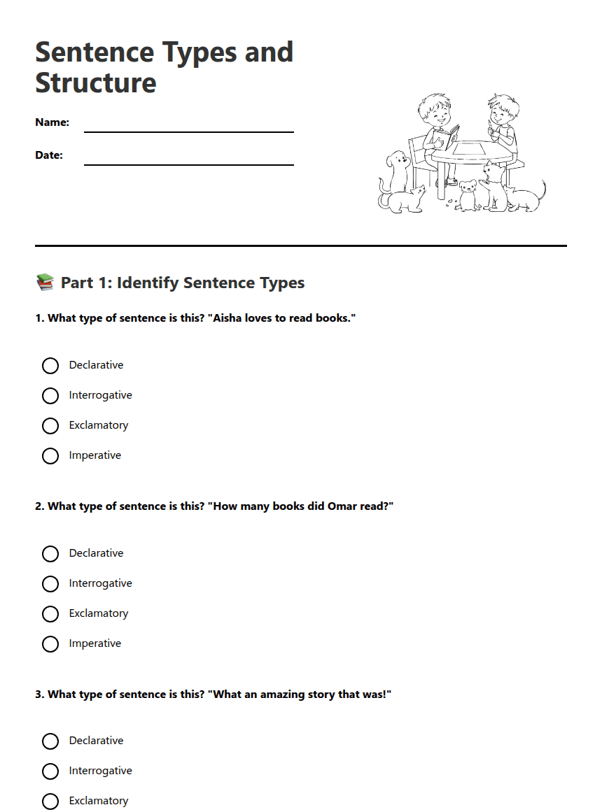 Sentence Types and Structure worksheet preview