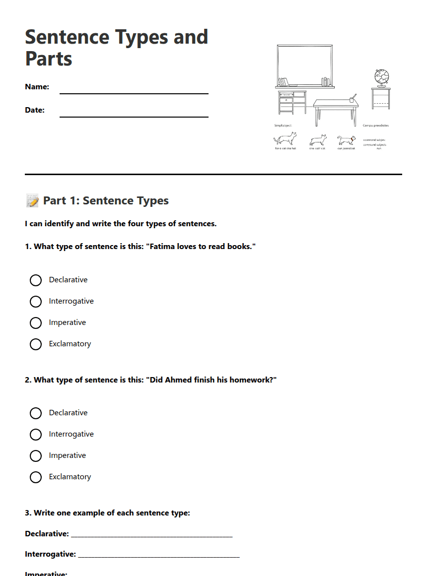 Sentence Types and Parts worksheet preview