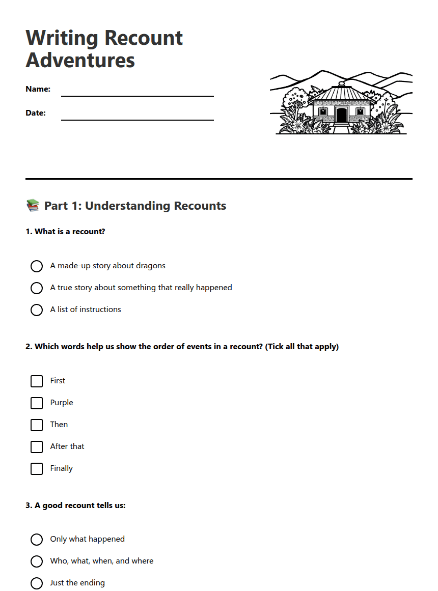Writing Recount Adventures worksheet preview