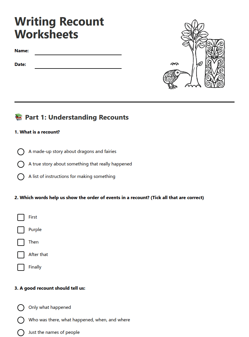 Writing Recount Worksheets worksheet preview