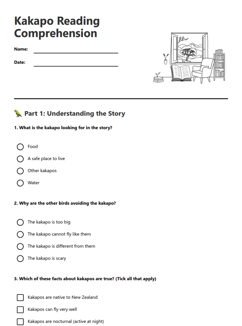 Kakapo Reading Comprehension