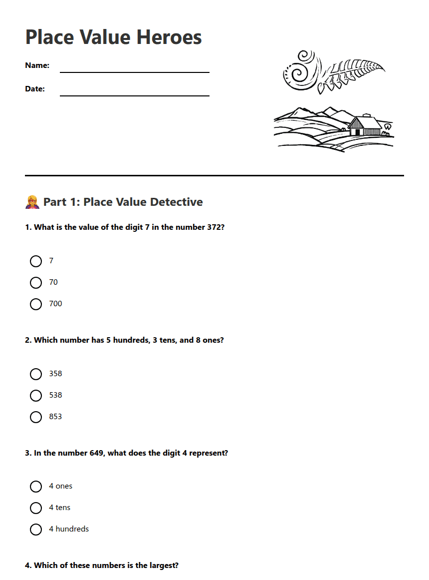 Place Value Heroes worksheet preview