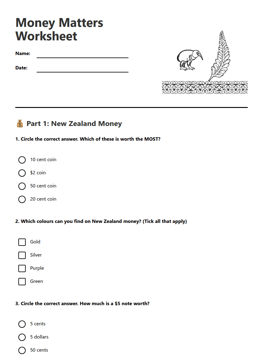 Money Matters Worksheet worksheet preview