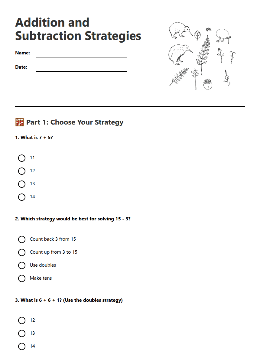 Addition and Subtraction Strategies worksheet preview