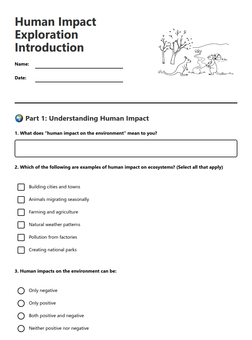 Human Impact Exploration Introduction worksheet preview
