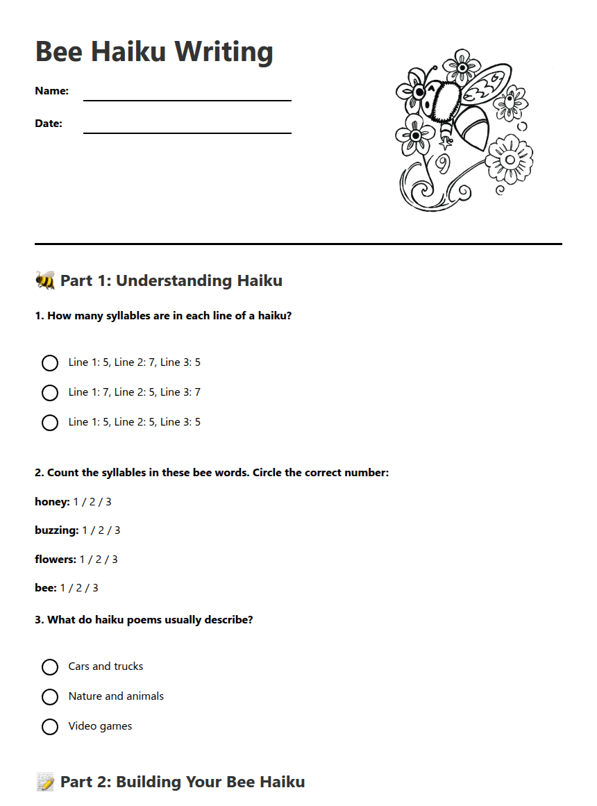 Bee Haiku Writing worksheet preview