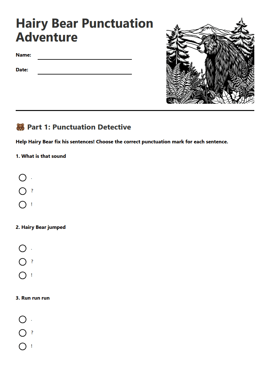 Hairy Bear Punctuation Adventure worksheet preview