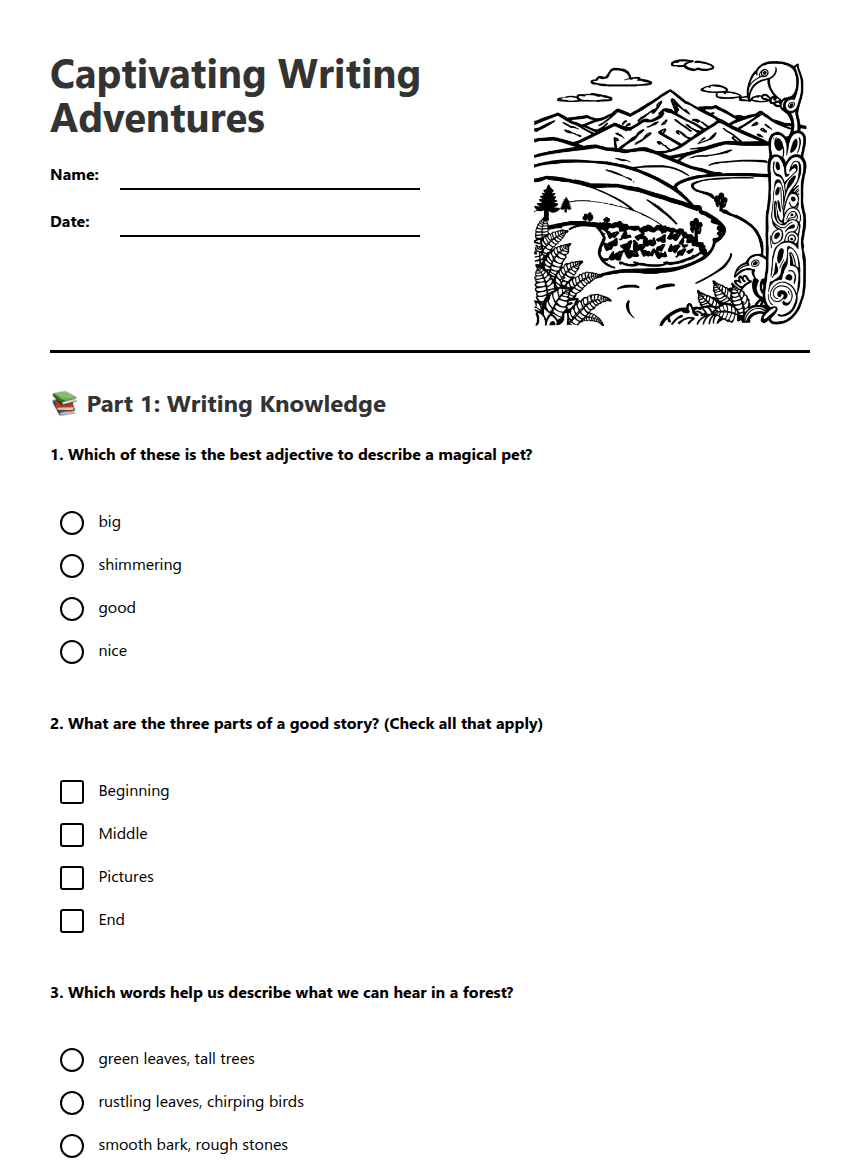 Captivating Writing Adventures worksheet preview