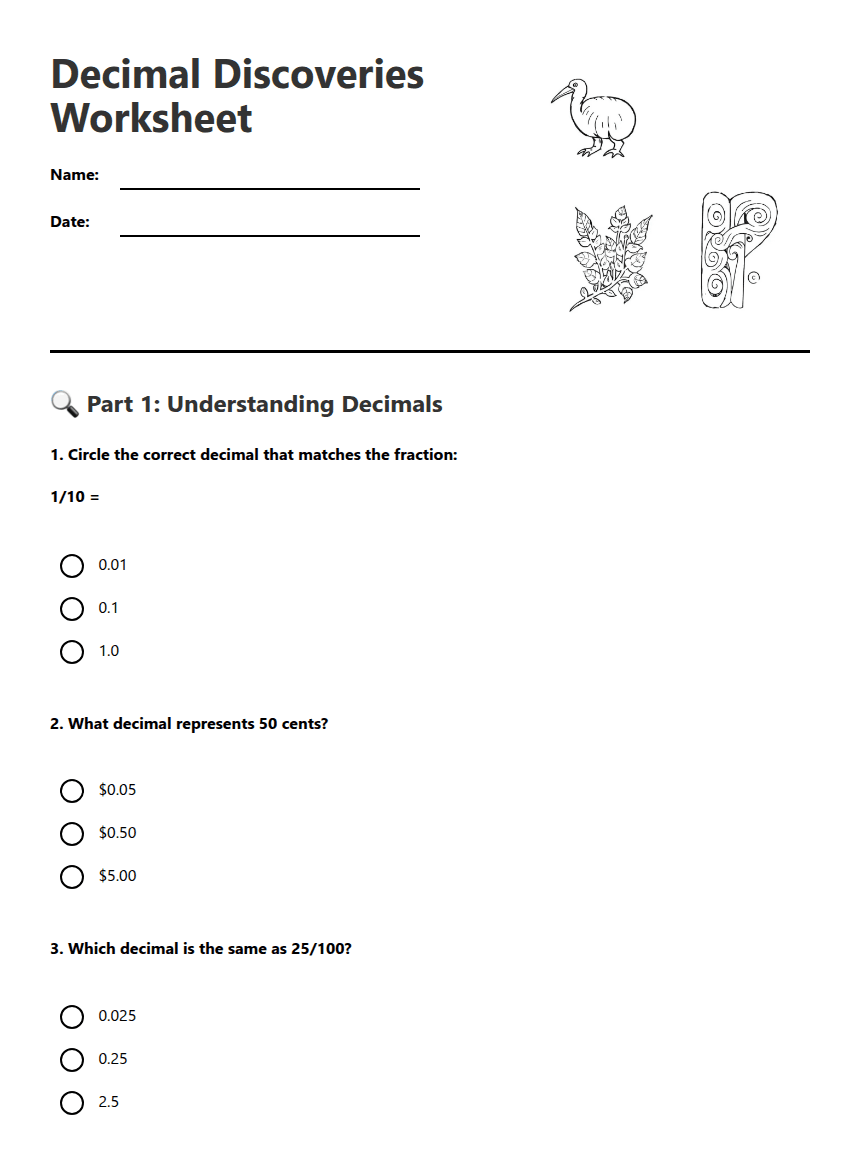 Decimal Discoveries Worksheet worksheet preview