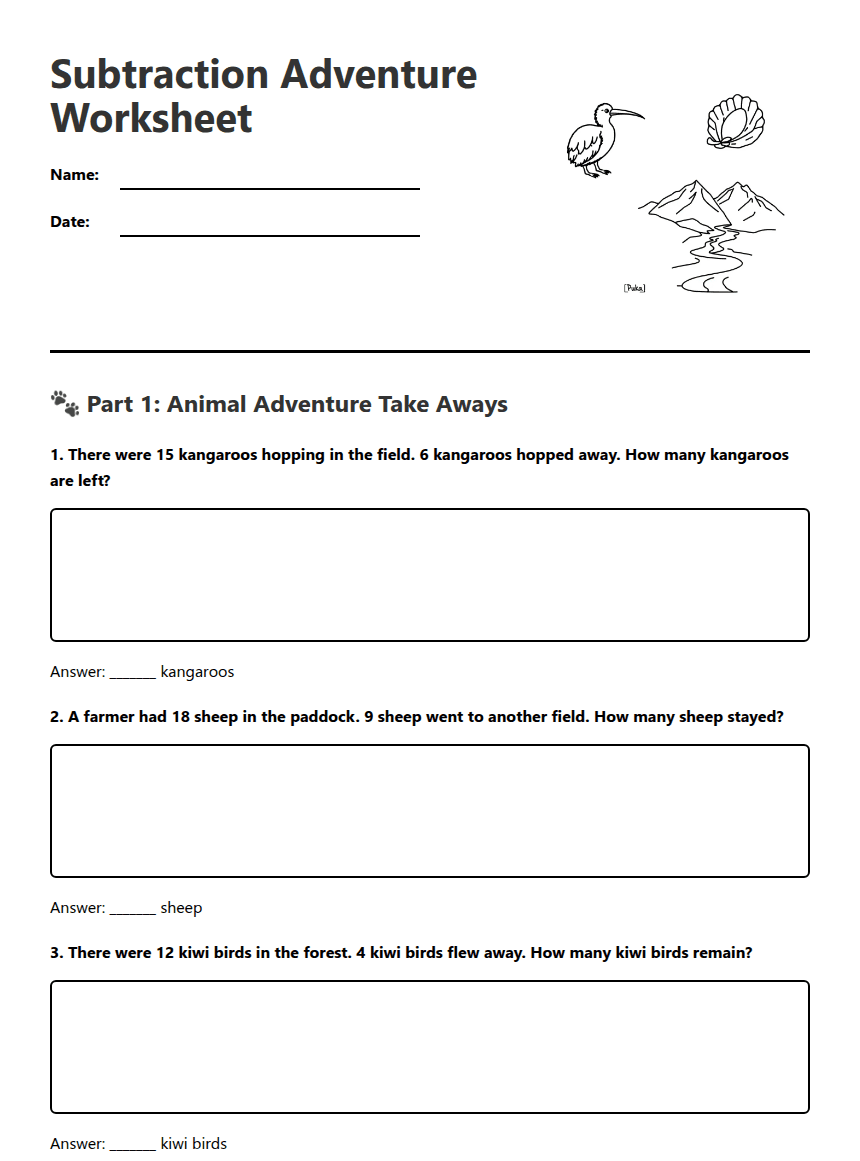 Subtraction Adventure Worksheet worksheet preview