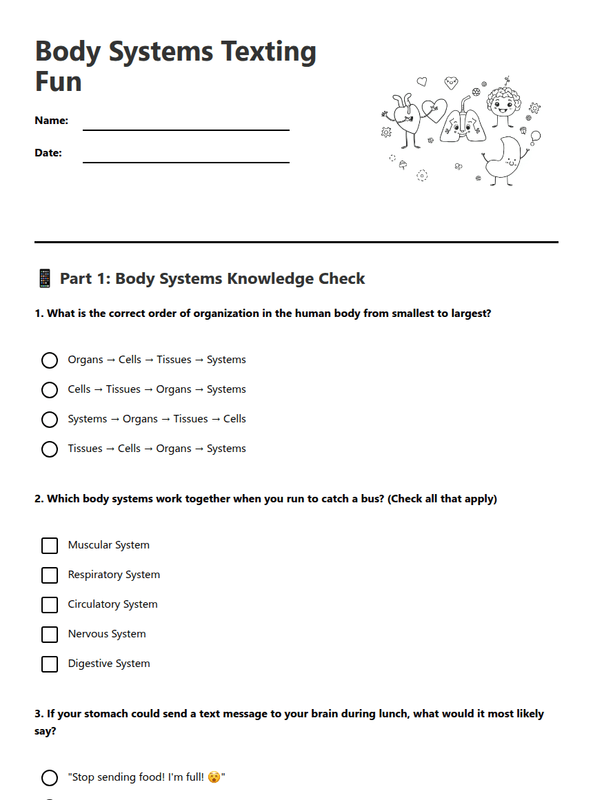 Body Systems Texting Fun worksheet preview