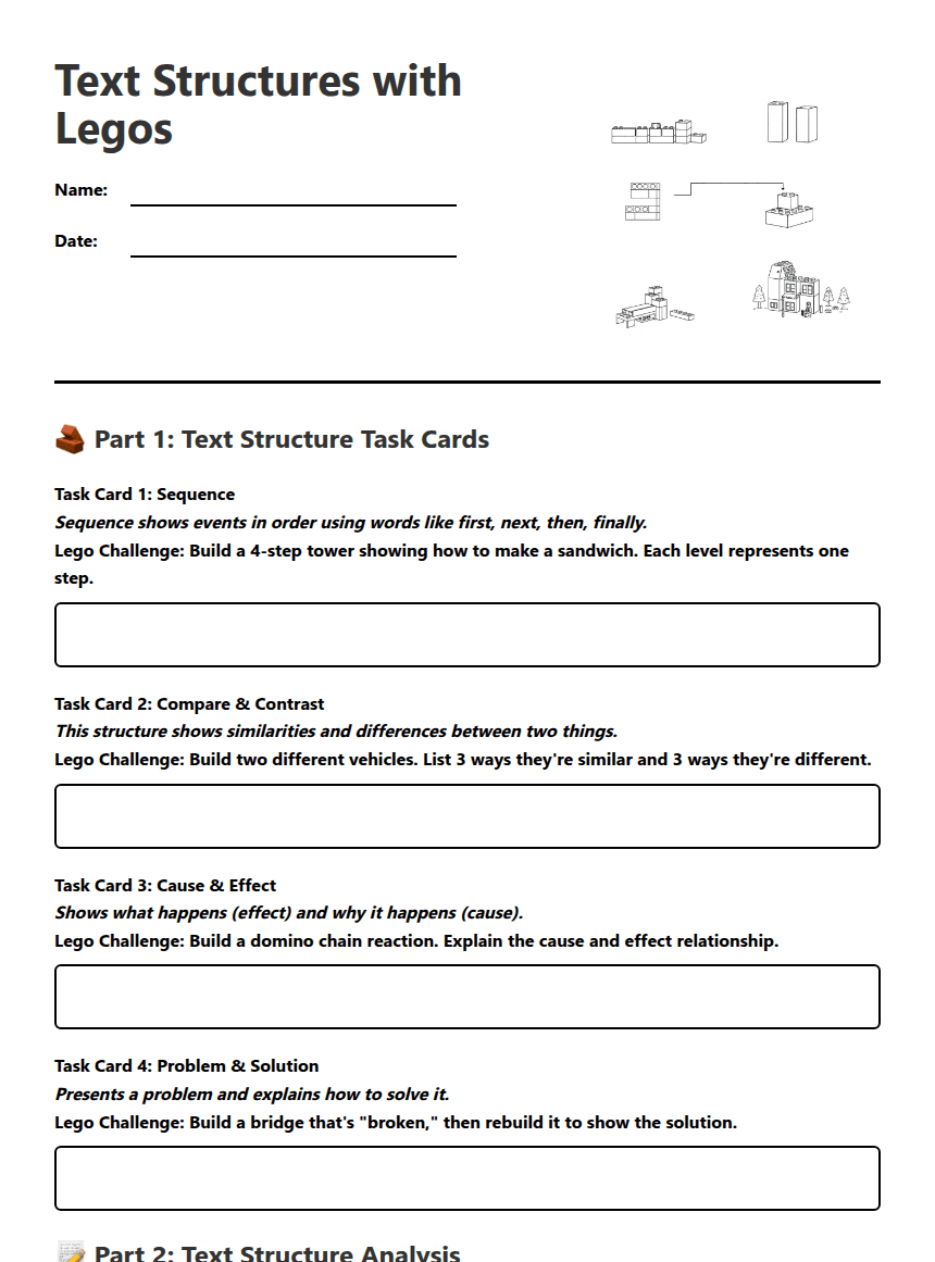 Text Structures with Legos worksheet preview
