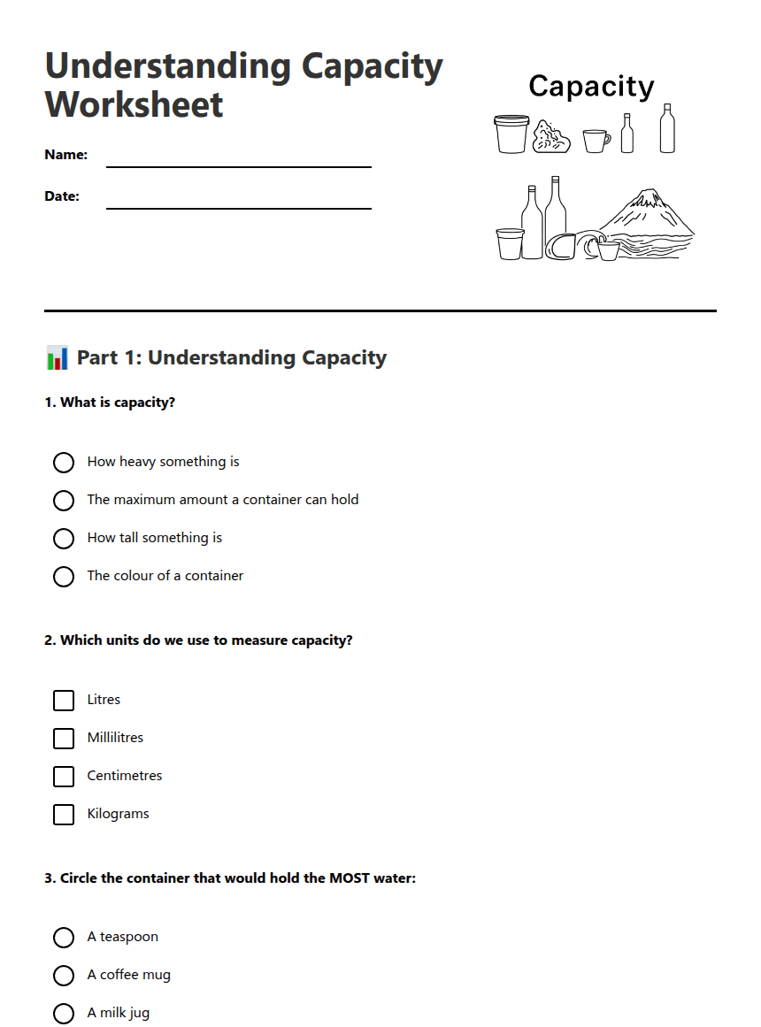 Understanding Capacity Worksheet worksheet preview