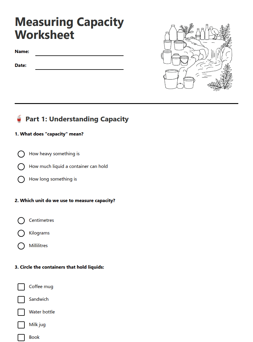 Measuring Capacity Worksheet worksheet preview