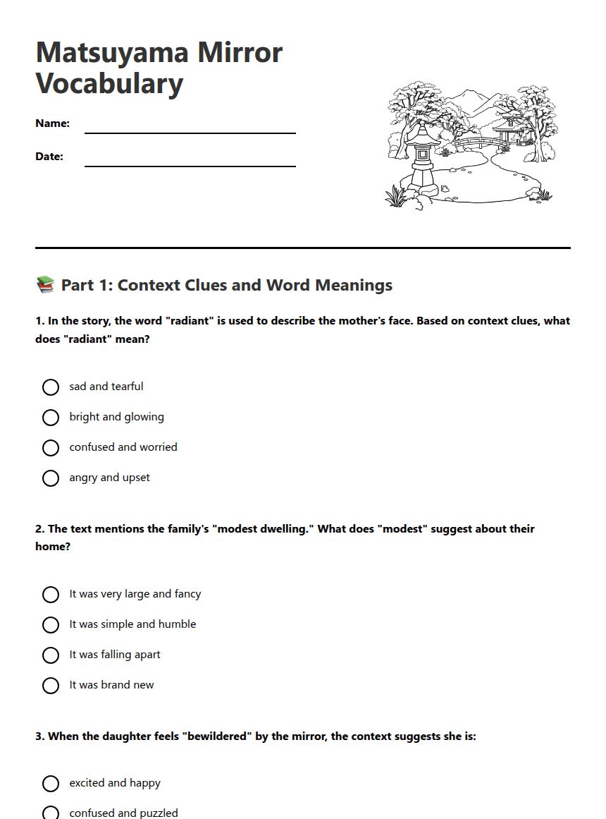 Matsuyama Mirror Vocabulary worksheet preview