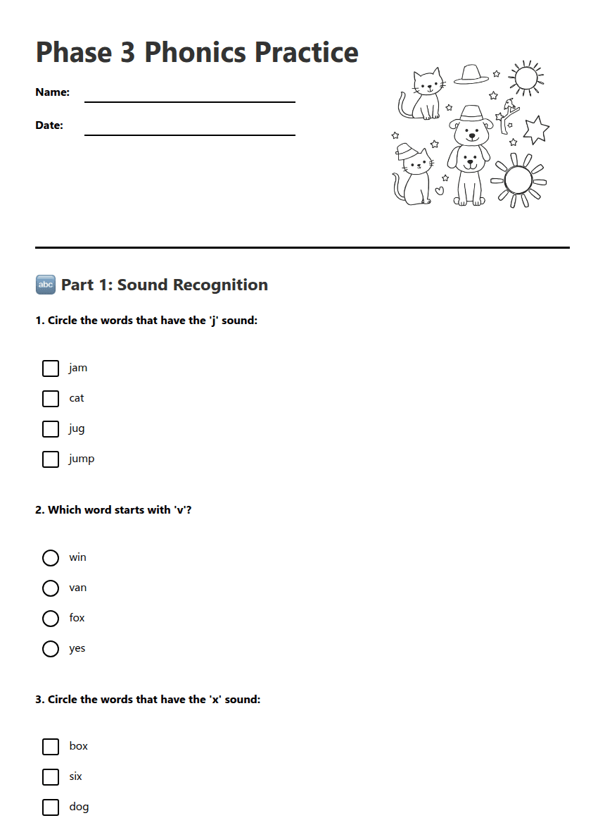 Phase 3 Phonics Practice worksheet preview