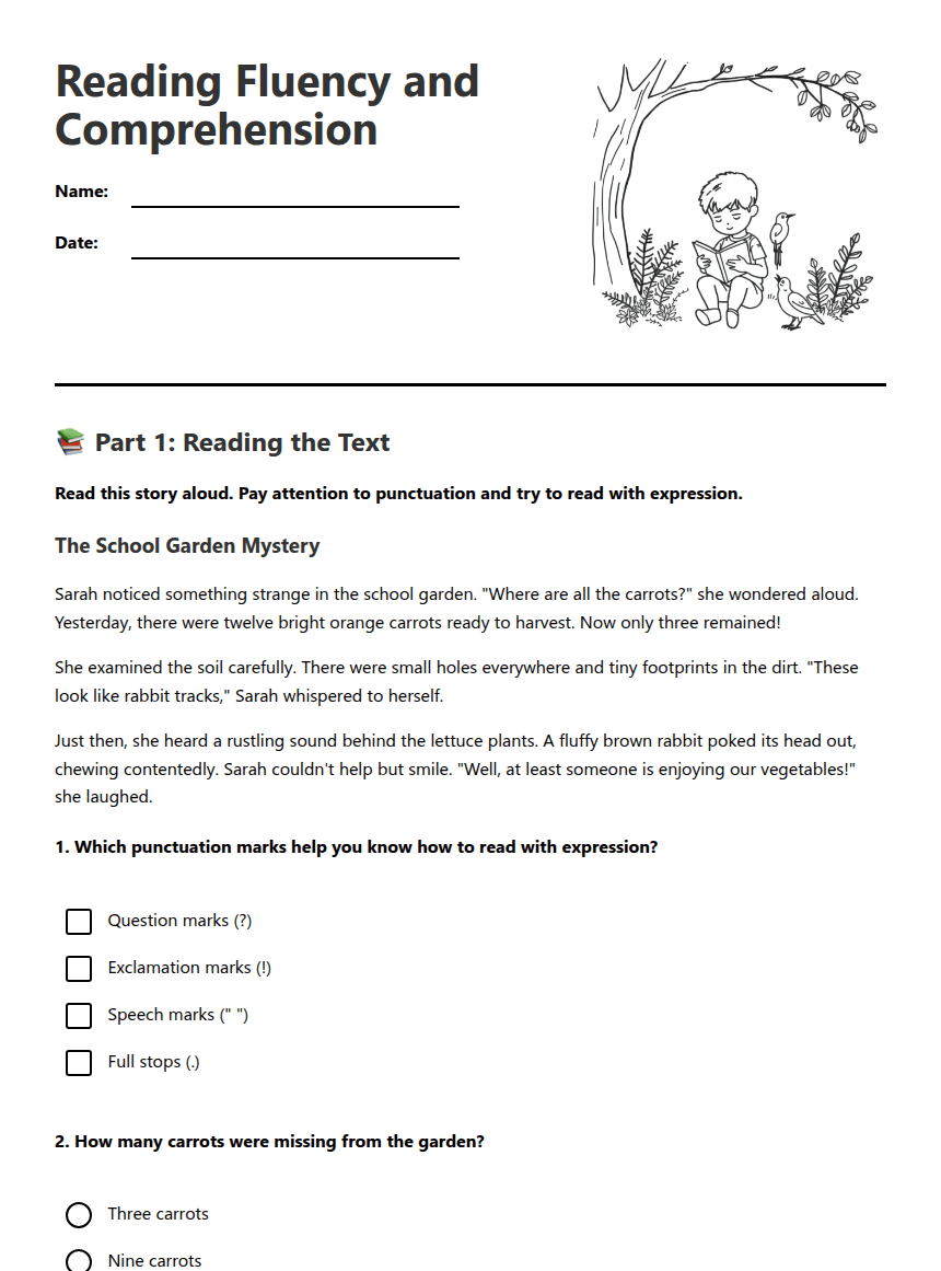 Reading Fluency and Comprehension worksheet preview