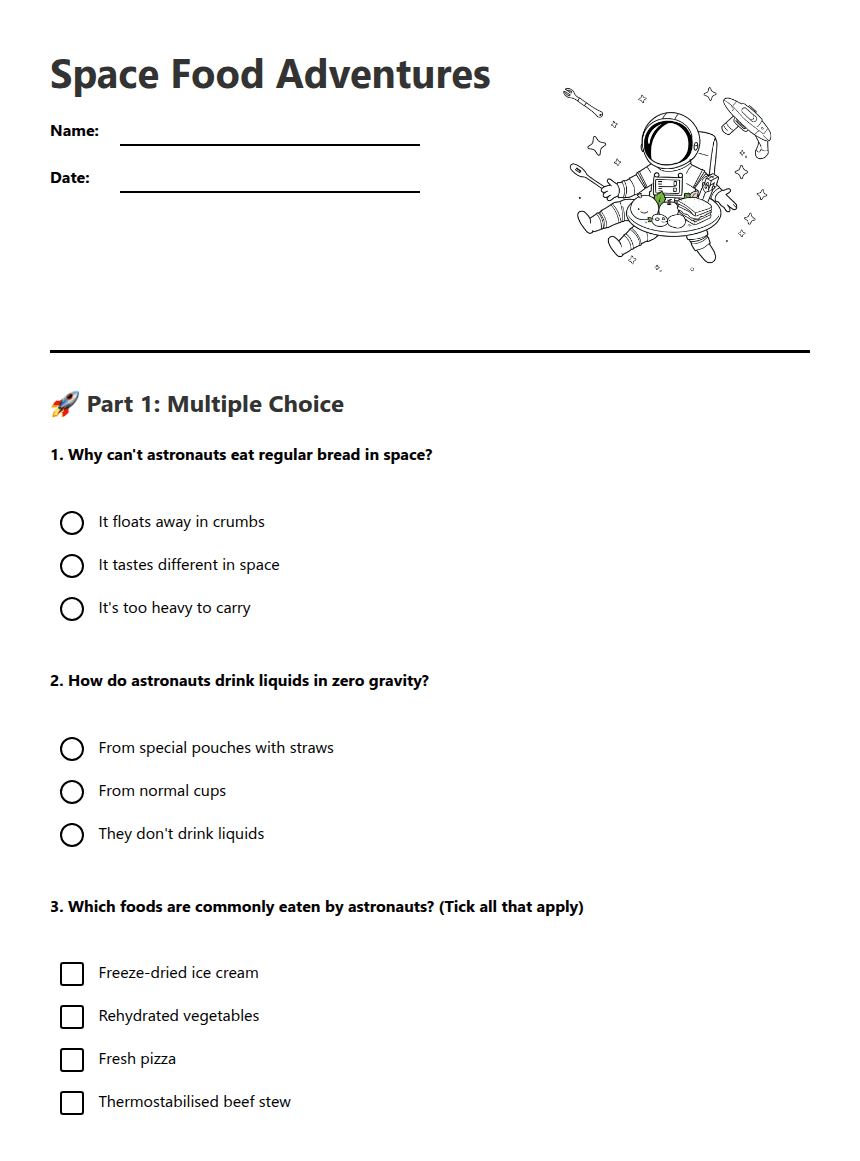 Space Food Adventures worksheet preview