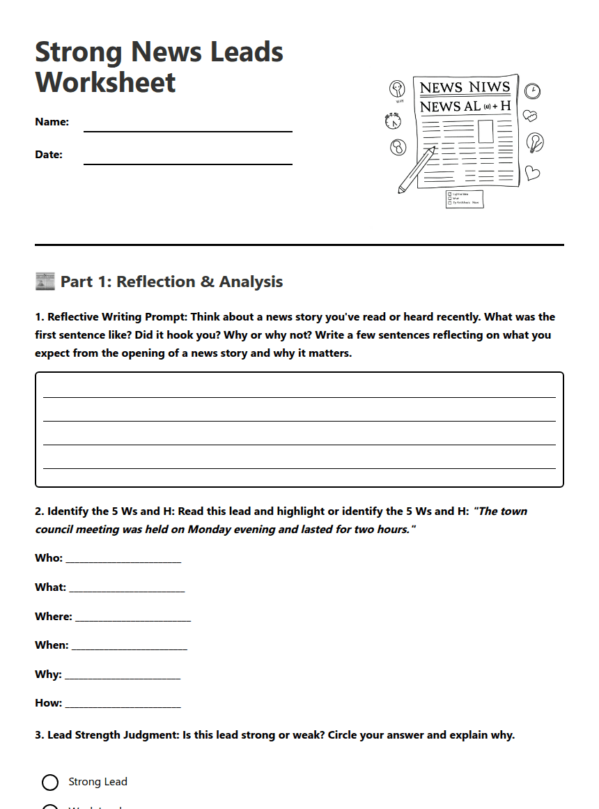Strong News Leads Worksheet worksheet preview