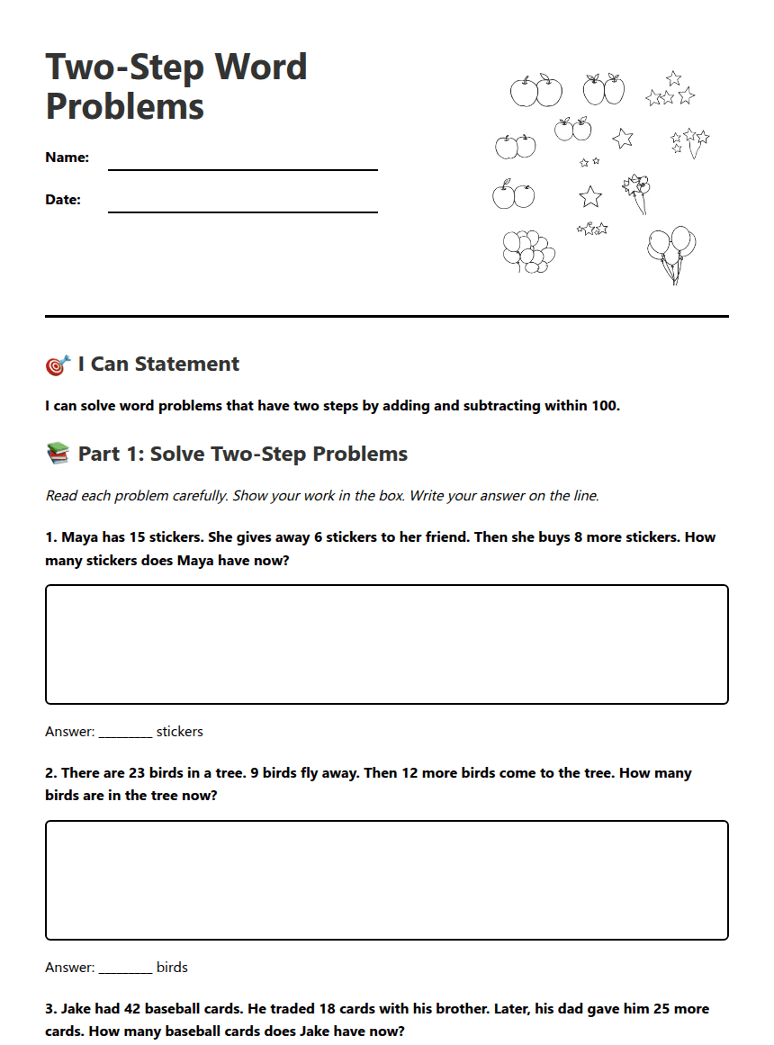 Two-Step Word Problems worksheet preview