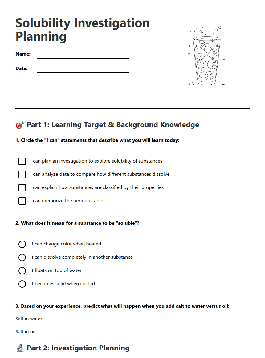 Solubility Investigation Planning worksheet preview
