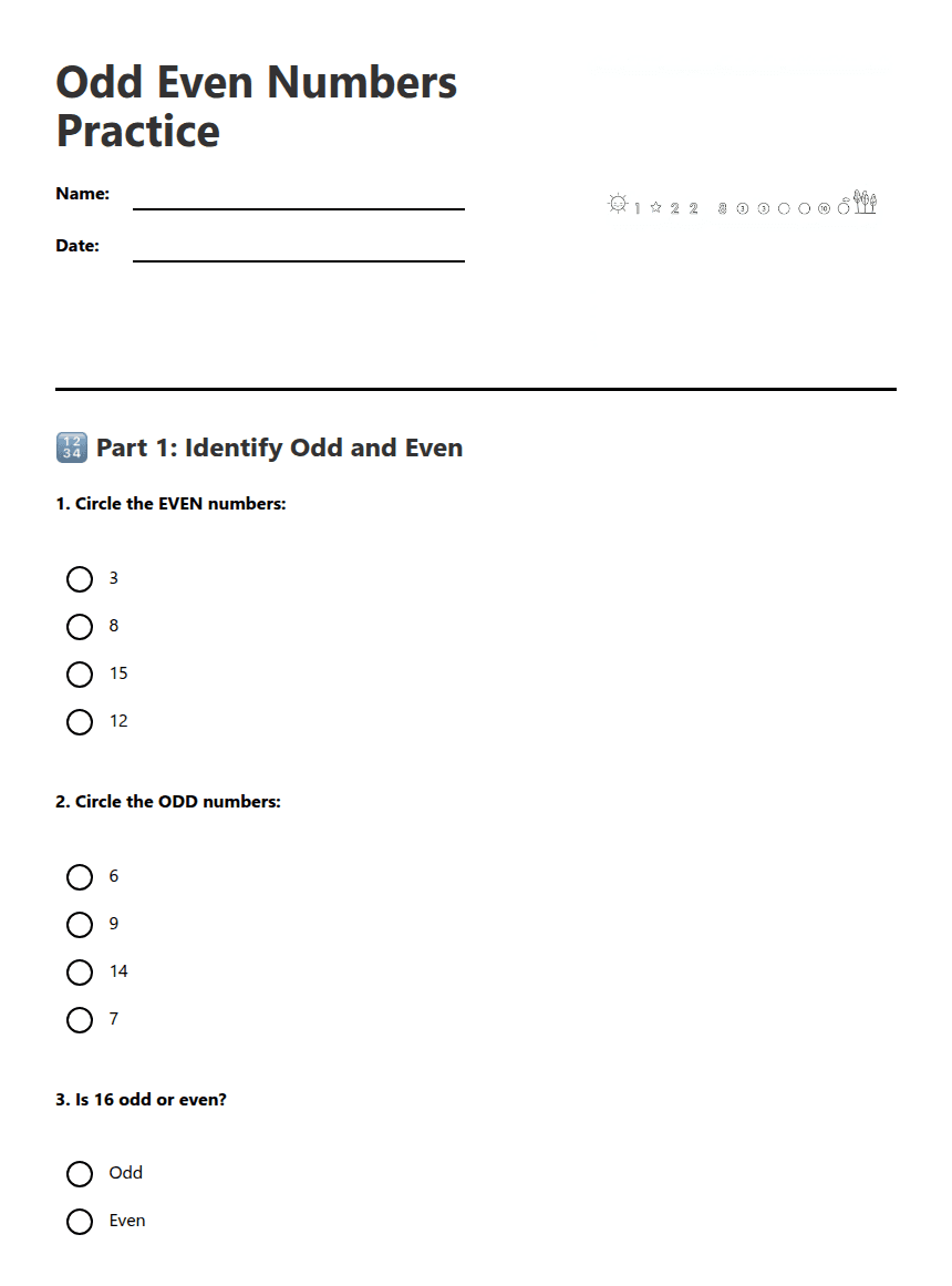 Odd Even Numbers Practice worksheet preview