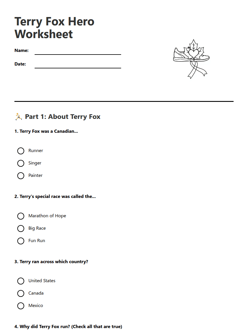 Terry Fox Hero Worksheet worksheet preview