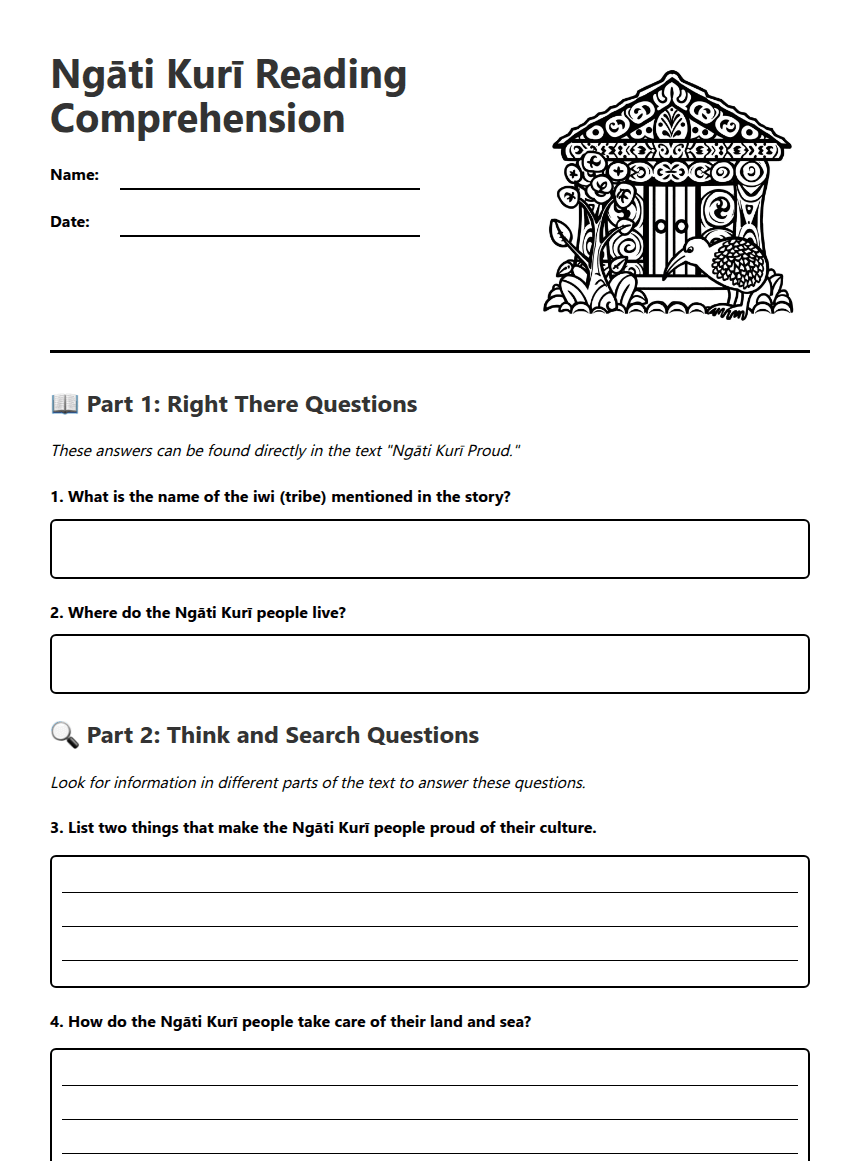 Ngāti Kurī Reading Comprehension worksheet preview