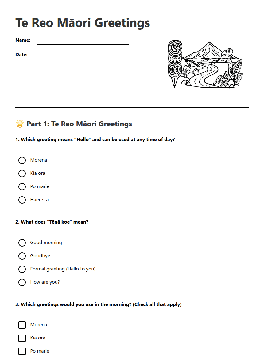 Te Reo Māori Greetings worksheet preview