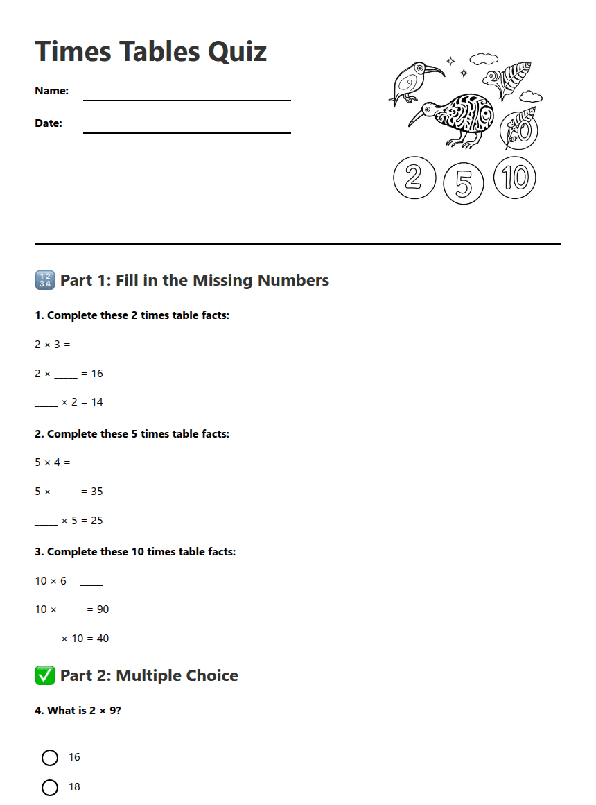 Times Tables Quiz worksheet preview