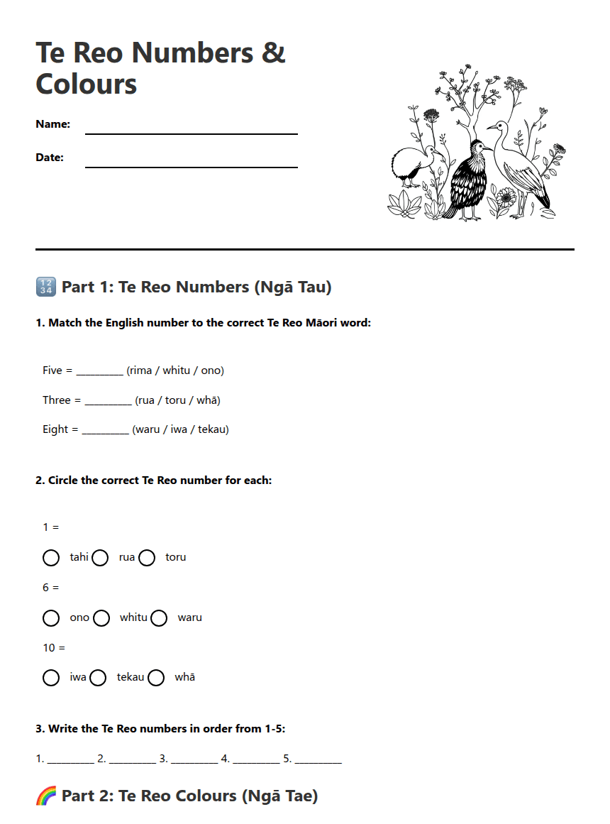 Te Reo Numbers Colors worksheet preview