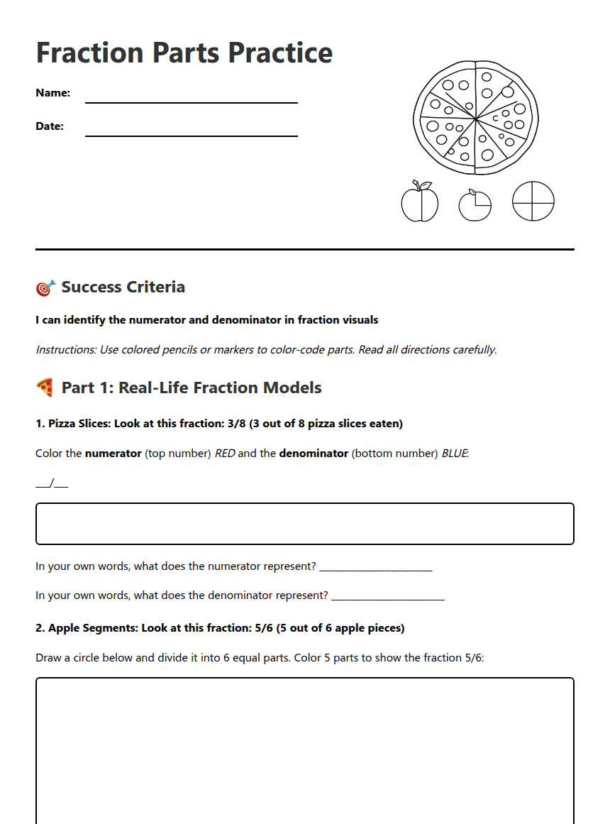 Fraction Parts Practice worksheet preview