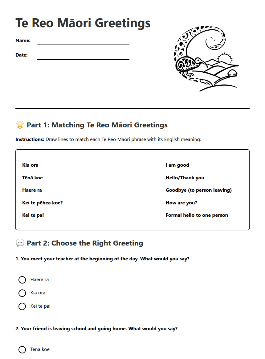 Te Reo Māori Greetings worksheet preview