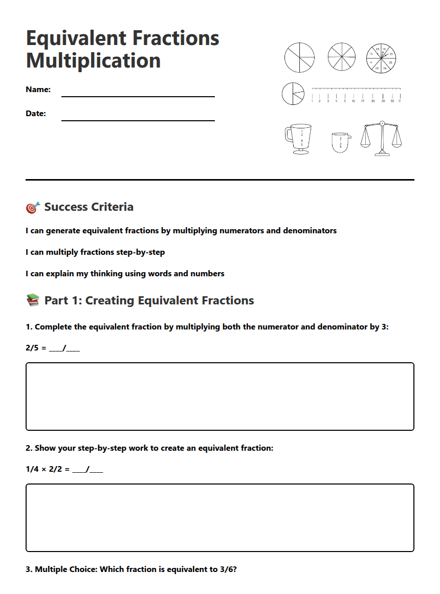Equivalent Fractions Multiplication worksheet preview
