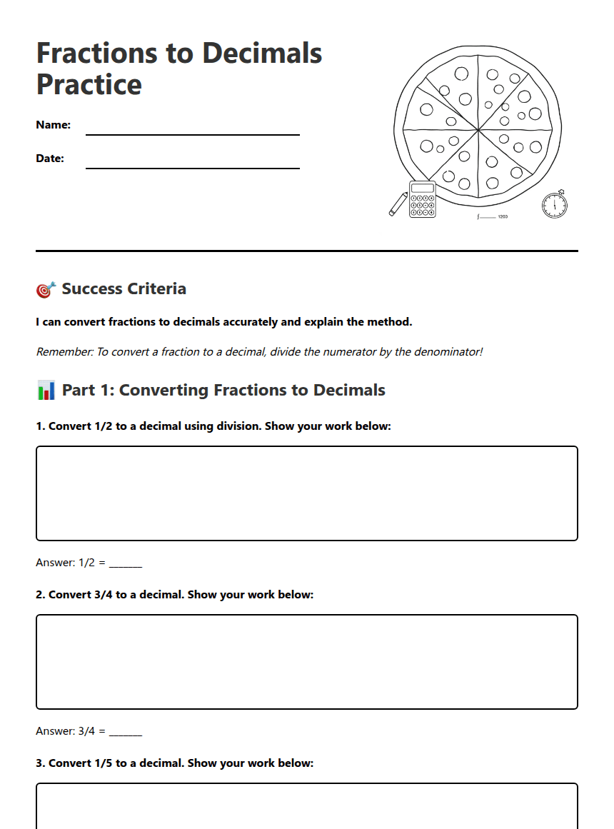Fractions to Decimals Practice worksheet preview