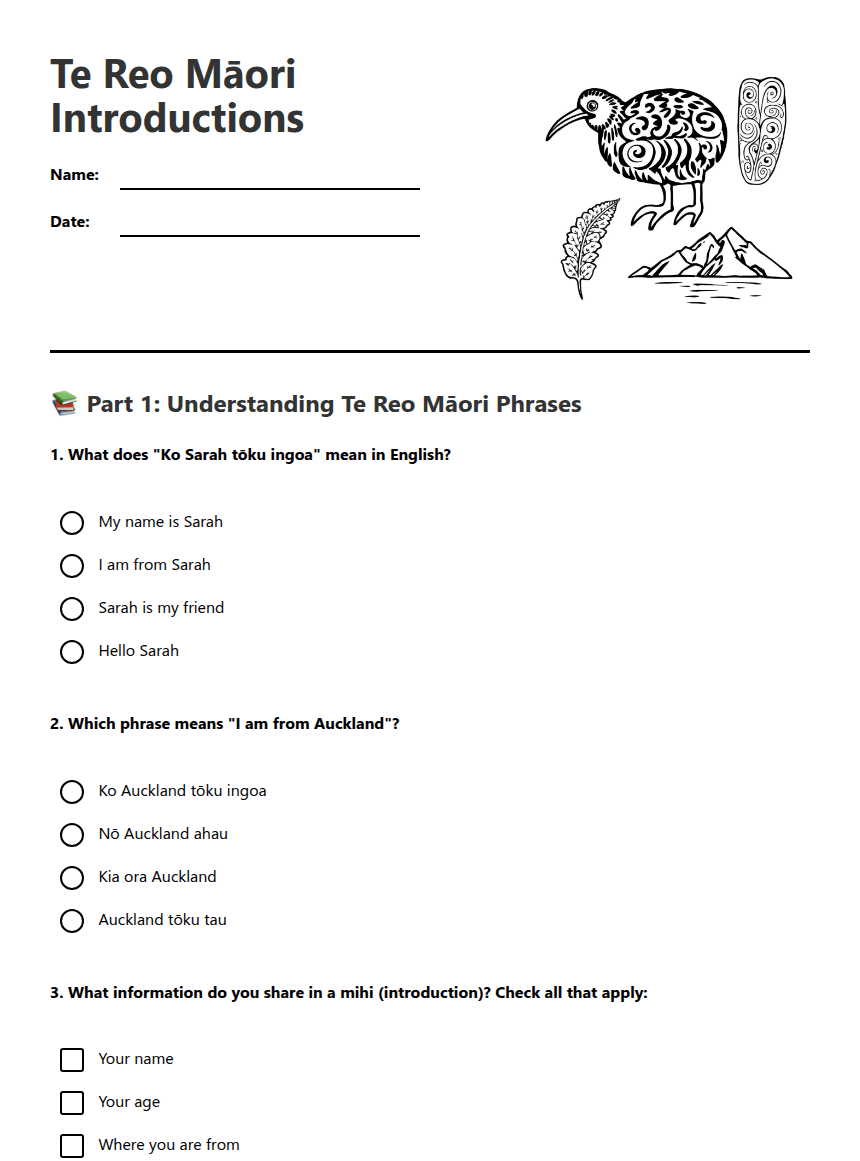 Te Reo Māori Introductions worksheet preview