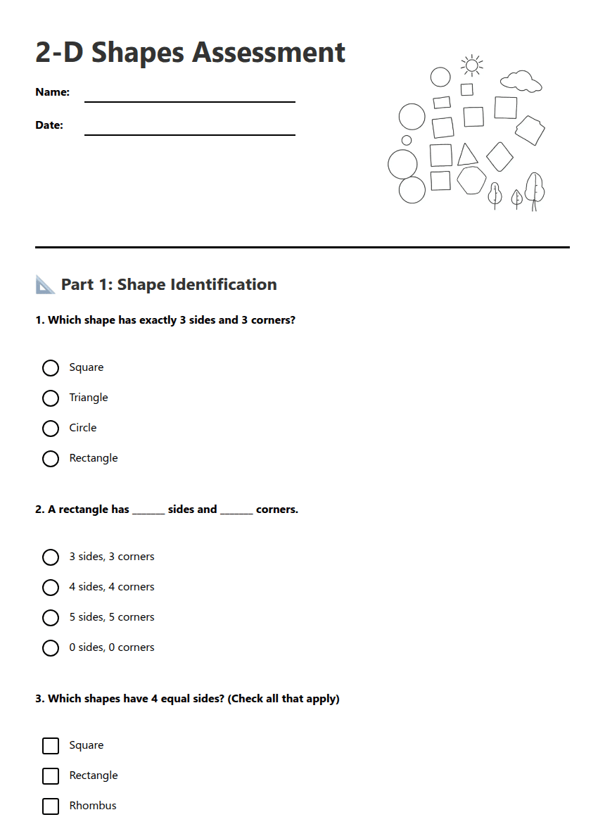 2-D Shapes Assessment worksheet preview