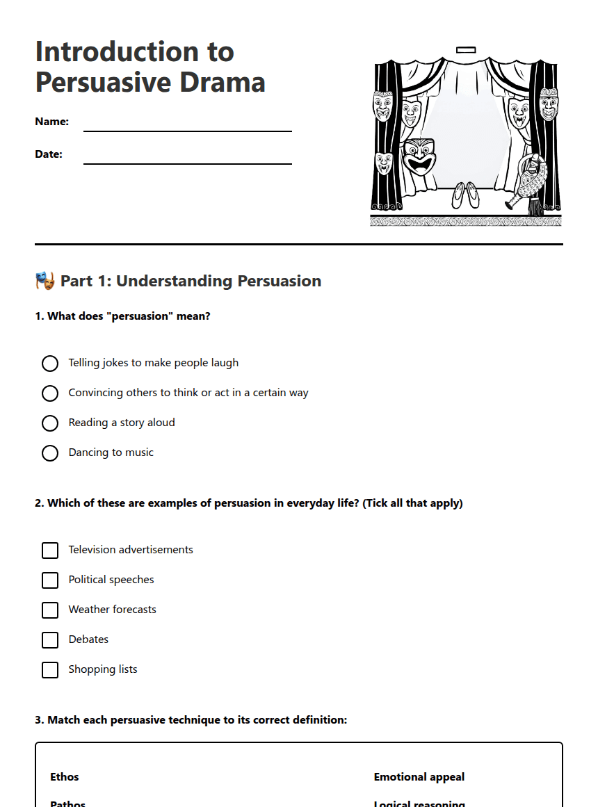 Introduction to Persuasive Drama worksheet preview