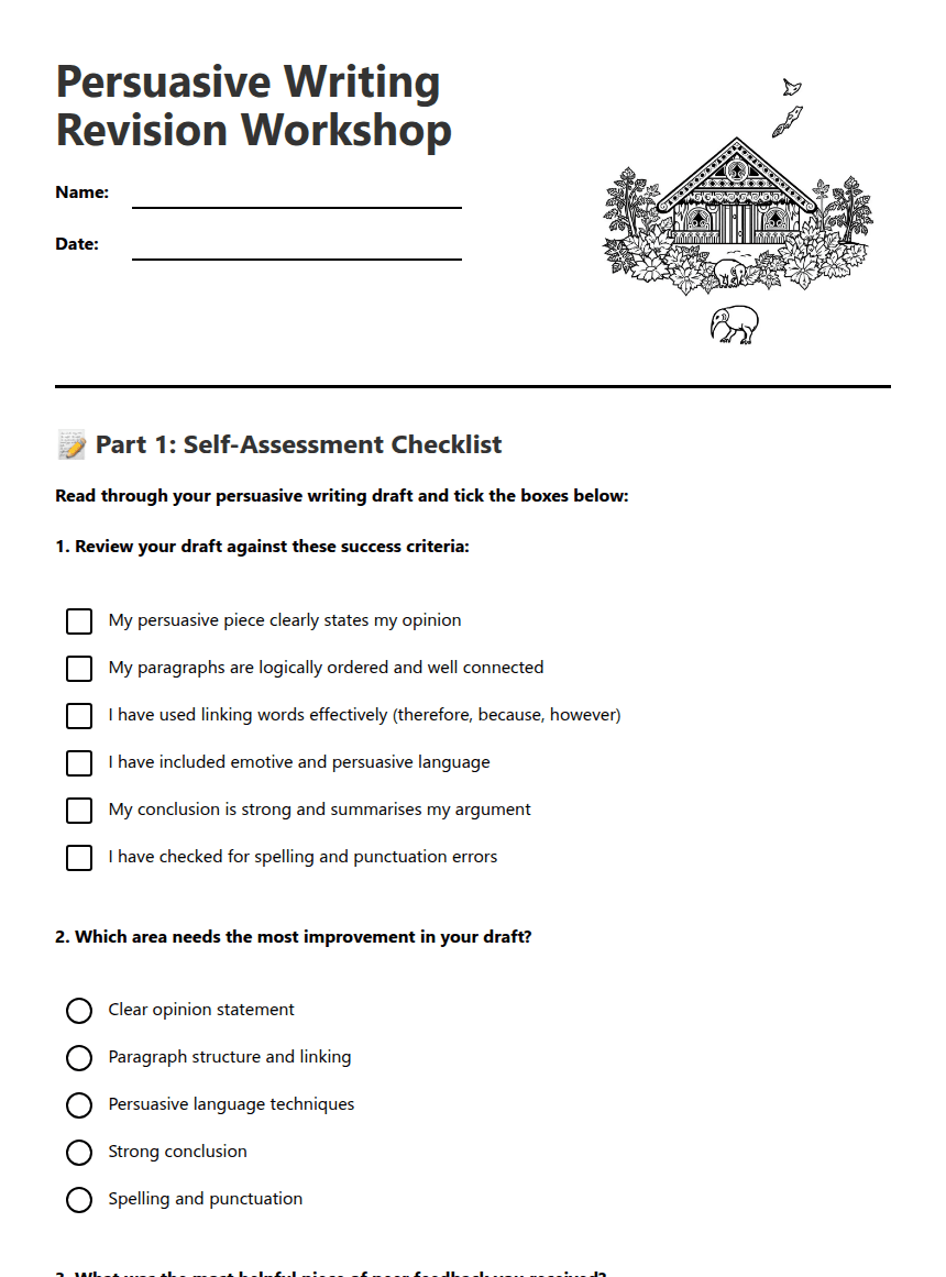 Persuasive Writing Revision Workshop worksheet preview
