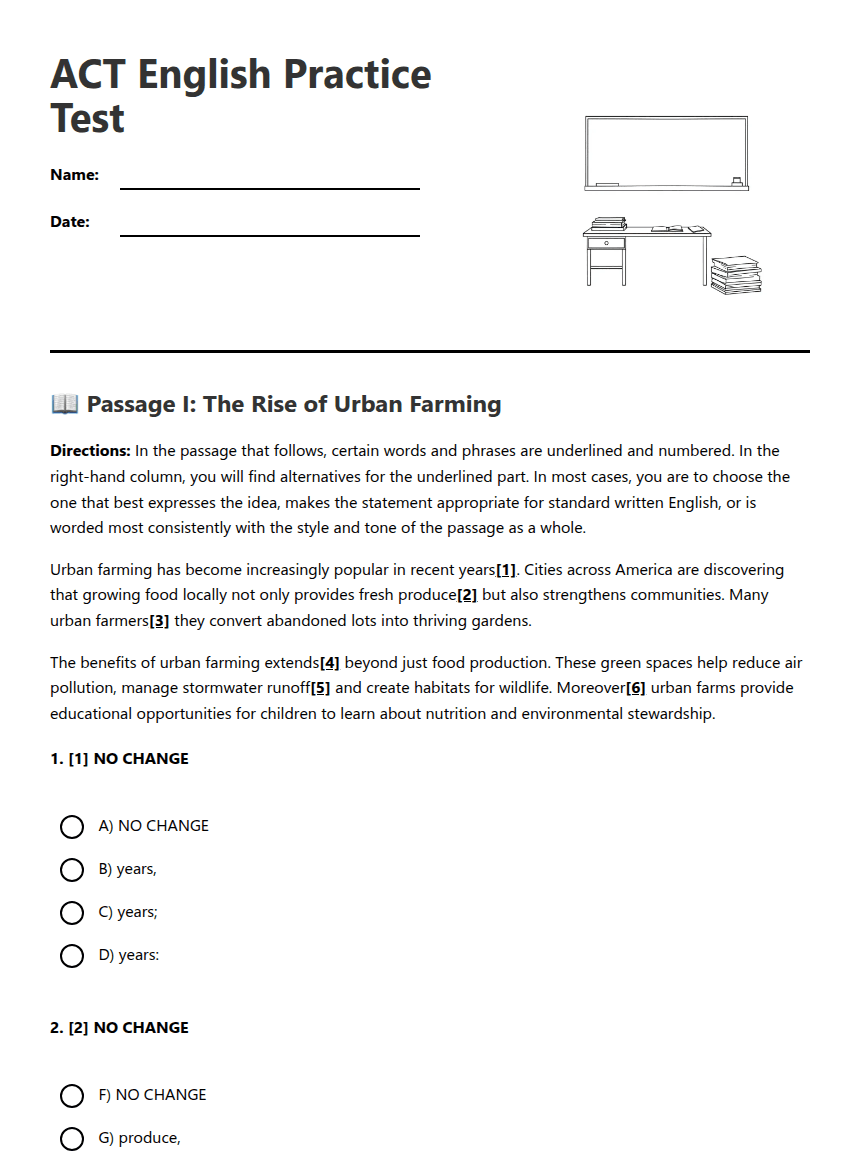 ACT English Practice Test worksheet preview
