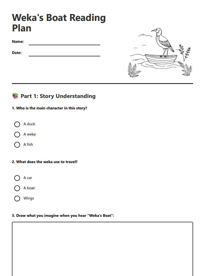 Weka's Boat Reading Plan worksheet preview