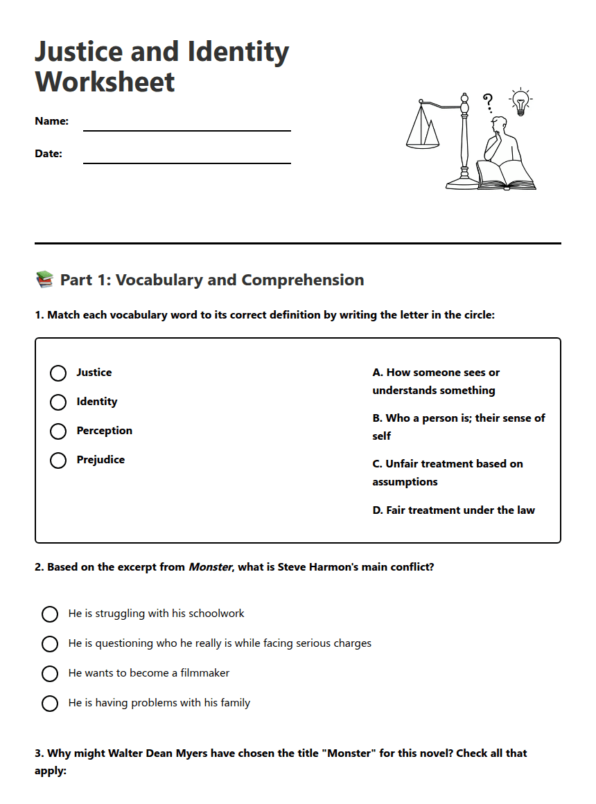 Justice and Identity Worksheet worksheet preview