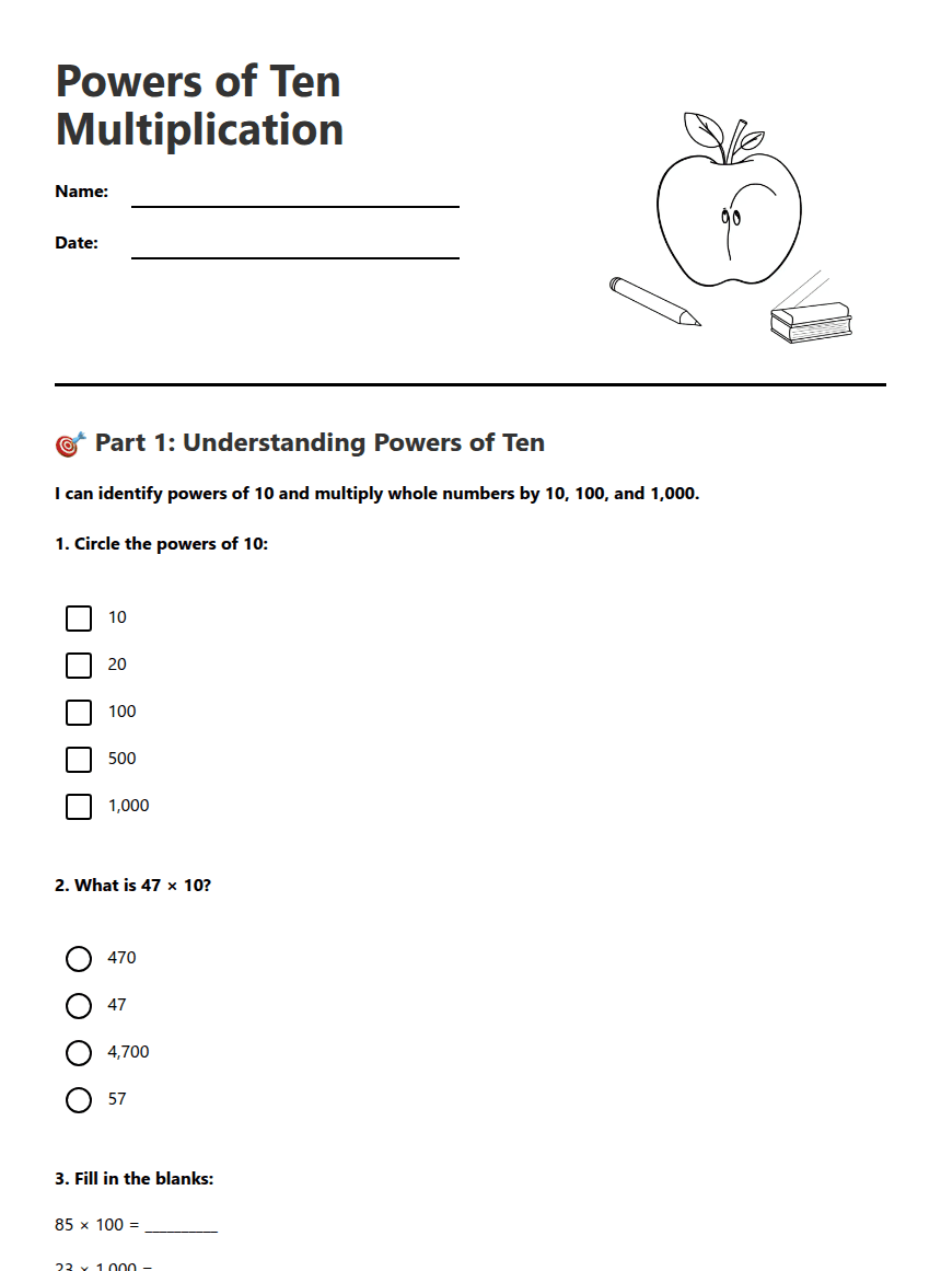 Powers of Ten Multiplication worksheet preview