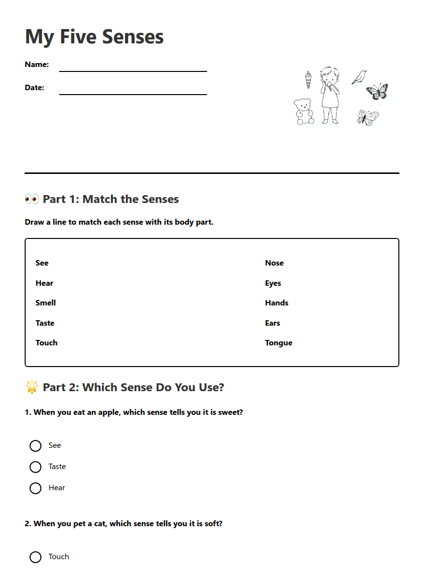 My Five Senses worksheet preview