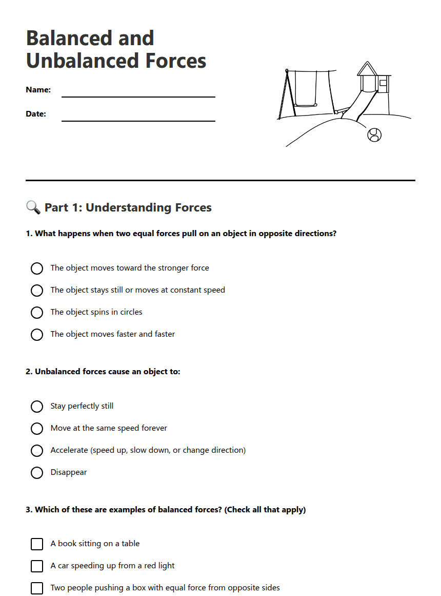 Balanced and Unbalanced Forces worksheet preview