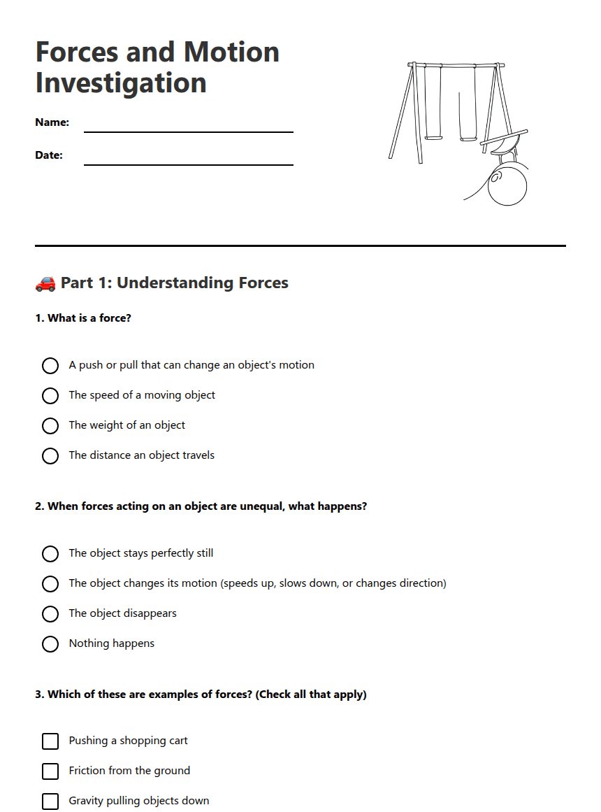 Forces and Motion Investigation worksheet preview
