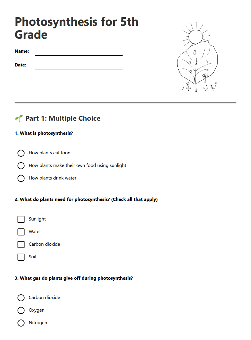 Photosynthesis for 5th Grade worksheet preview